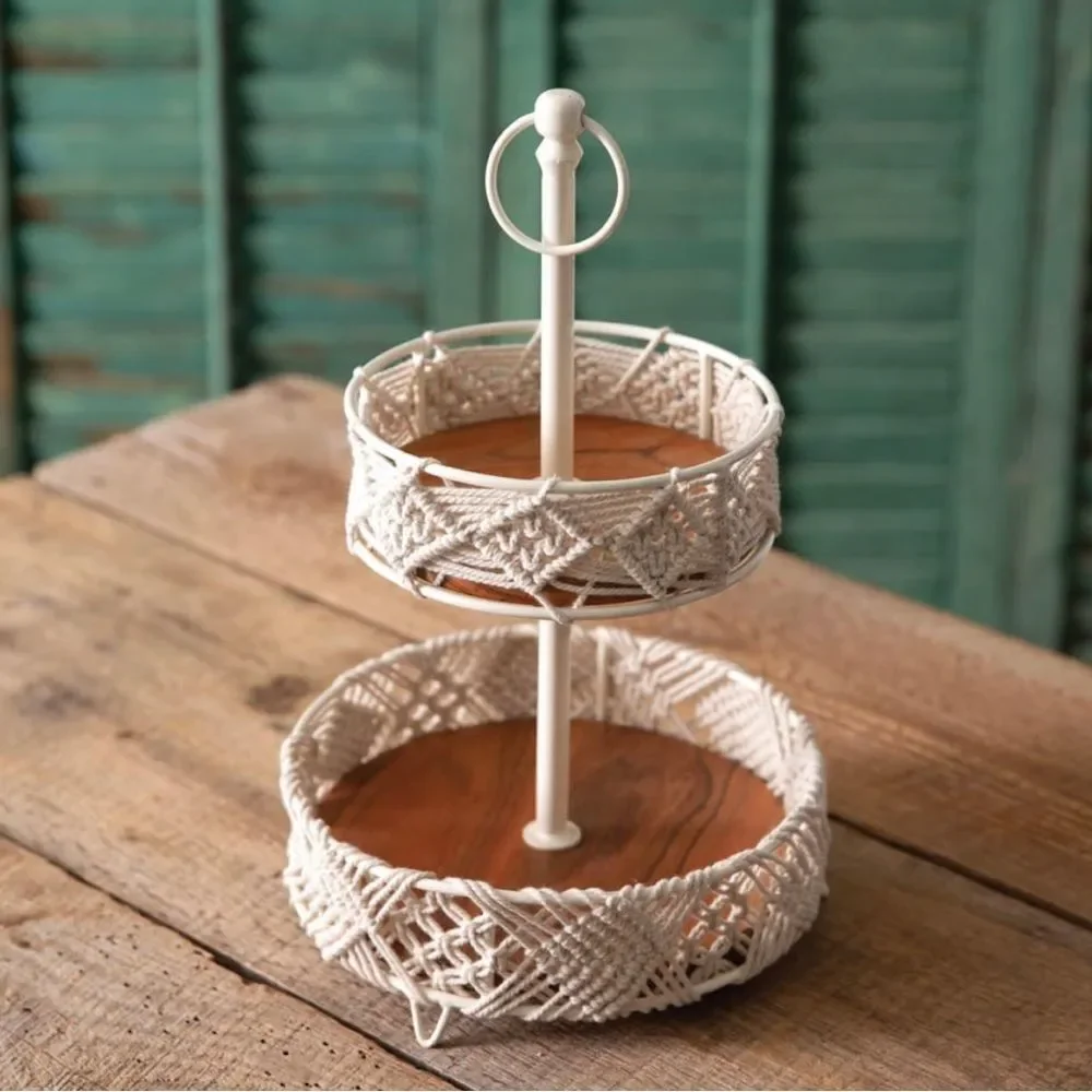 Two-Tier Wood and Macrame Tray, 16-inch Height, Macrame and Metal